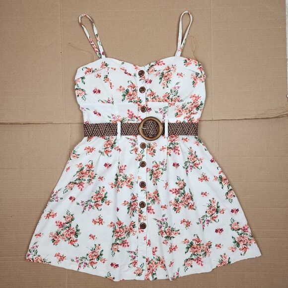 Mind Code Cotton Mini Dress Floral Cream Belted Wooden Button Size M - Picture 3 of 16